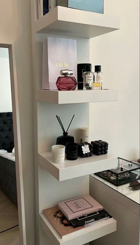 #bedroom #ikea #books #bedroomdecorideas #decor #inspohome #chanel #aesthetic Organization Perfume, Ikea Deco, Bedroom Ikea, Zimmer Diy, Chanel Aesthetic, Shelf Decor Bedroom, White Room Decor, Beauty Room Decor, Pinterest Room Decor