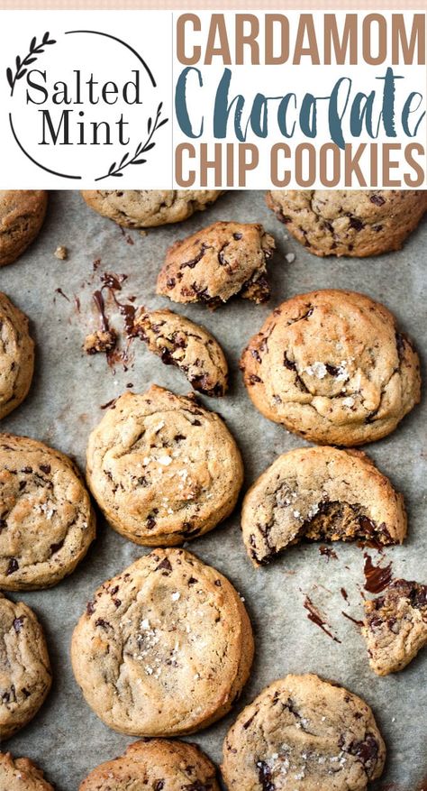 Soft, thick and chewy chocolate chip cookies with a hint of cardamom. These cookies are made even more decadent by using browned butter for an extra depth of flavor. But these are still an easy everyday recipe that's perfect for a hostess gift or makes a lovely homemade Christmas gift. #holidaybaking #Christmasrecipe #holidaycookies Mint Chip Cookies, Cardamom Recipe, Basic Baking, Homemade Christmas Gift, Mint Chocolate Chip Cookies, Quick Diet, Browned Butter, Chewy Chocolate Chip, Chewy Chocolate Chip Cookies