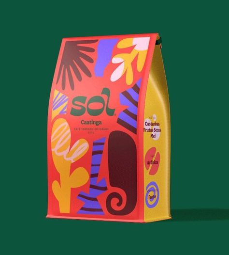 #Sol coffee packaging bag #coffeepackaging #packagedesign #labeldesign #productlabel #coffeelabel #coffeebagdesign #teabagdesign #tealabel #teabag #teaboxdesign #longbag #packagingdesign #coffeeproduct #labelpackaging #luxurycoffeebag #premiumcoffeebagdesign #luxurycoffeelabel #minimalistcoffeepackaging Patterned Packaging Design, Different Packaging Ideas, Cool Coffee Packaging, Vibrant Packaging Design, Tropical Packaging Design, Organic Package Design, Funky Packaging Design, Sol Branding, Coffee Packaging Ideas