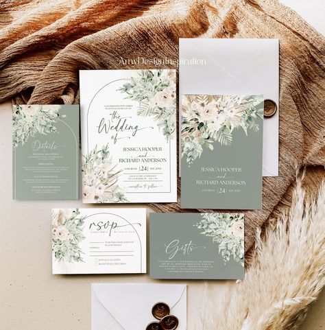 Boho Wedding Invitation Template, Sage Green Wedding Invite Suite Template, Wedding Set, Greenery Pampas Editable Printable Template #386B // WHAT IS INCLUDED - Invitation Card: 5x7in (FRONT & BACK) - RSVP: 5x3.5in - Details: 5x3.5in/ 4x6in - Gift Card/Thank you card: 5x3.5in * DIGITAL DOWNLOAD - Please note you will receive a PDF File with a link // PLEASE NOTE   * You can edit text: COLOR, FONTS, the elements is not.  * Instant edit on Mobile, PC or Mac.   You will need a desktop or laptop com Wedding Invite Suite, Boho Wedding Invitation Template, Invite Suite, Boho Wedding Invitation, Vietnamese Wedding, Sage Wedding, Sage Green Wedding, Wedding Invitations Boho, Template Wedding