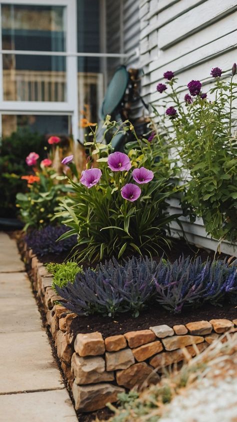 Enhance your curb appeal with these stunning flower bed ideas for the front of your house From low maintenance DIY stone designs to full sun rock gardens these easy perennial options will raise the beauty of your outdoor space Discover raised rock and rustic white rock designs for a charming and rustic touch Raised Rock Flower Beds, Raised Bed Front Yard, Flower Beds Backyard, Easy Perennials, Rock Designs, Flower Bed Ideas, Rock Gardens, House Landscaping, White Rock