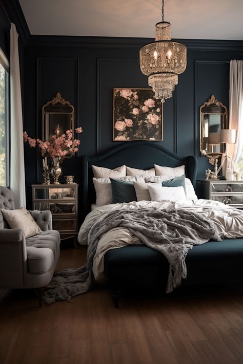 40+ Moody Romantic Bedroom Ideas To Unwind In Moody Blue Green Bedroom, Nest Bedroom Aesthetic, Moody Grandmillenial Style, Dark Beach Bedroom, Dark Girly Bedroom, Feminine Bedrooms, Moody Bedrooms, Colorful Bedrooms, Dark Romantic Bedroom