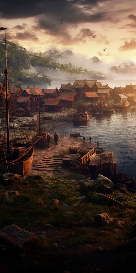 Viking Kingdom Fantasy Art, Fantasy Kingdom Art, Viking Landscape, Fantasy Adventure Aesthetic, Viking Kingdom, Writing Inspiration Pictures, Fantasy Camp, Fantasy Kingdom, Viking Village