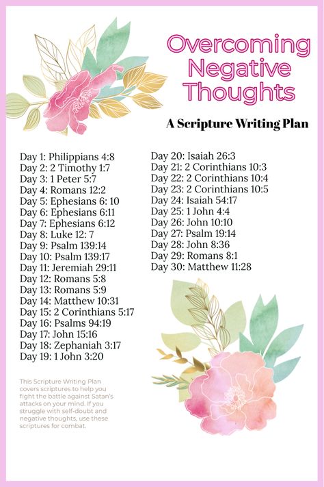 Overcoming Negative Thoughts, Scripture Writing Plan, Scripture Writing Plans, Writing Plan, Bible Study Plans, Bible Study Tips, Bible Study Notebook, Christian Bible Study, Bible Plan