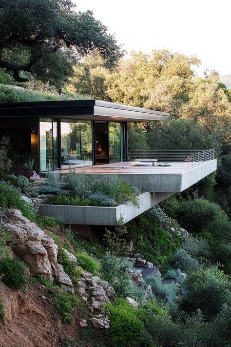 Garage On Hillside, Cantilever Deck Hillside, House Built On Slope, Cantilevered Deck, Built Into Hillside, Cantilever Deck, House Hillside, House Built Into Hill, Cantilever House