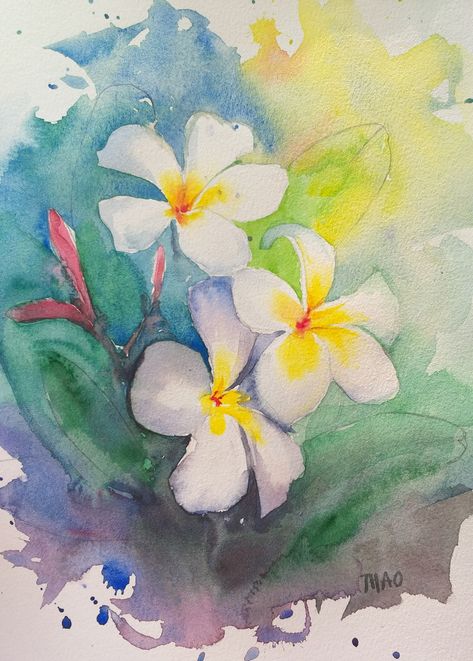 Hawaiian Watercolor Paintings, Plumeria Flowers Painting, Plumeria Watercolor, Tropical Flowers Watercolor, Hibiscus Watercolor, Plumeria Tree, Scrapbooking Printables, Art Time, Water Colours