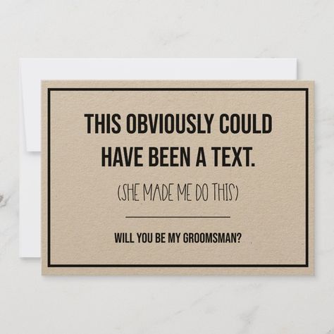 This groomsman proposal card is a funny way to ask your friend to be a part of your wedding. Groomswoman Proposal, Bridal Party Asking Ideas, Groomsmen Proposal Funny, Groomsman Proposal Funny, Groomsman Boxes, Bridesmaid Proposal Ideas Unique, Simple Bridesmaid Proposal, Asking Groomsmen, Salem Wedding