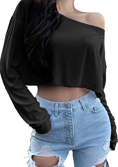 Blocac Off Shoulder Crop Top for Women Workout Gym Dance Top Spring Summer Top Boat Neck Loose Casual Long Sleeve T Shirt at Amazon Women’s Clothing store Women Workout Gym, Gym Dance, Crop Top For Women, Women Workout, Dance Tops, Off Shoulder Crop Top, Loose Fitting Tops, Spring Tops, Top For Women