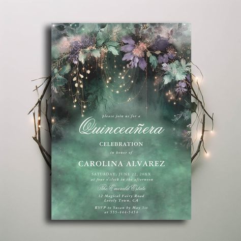 A whimsical watercolor illustration of lush foliage in emerald green, with lavender purple and blush pink accents, sparkling with fairy lights and magic dust, decorates this elegant quinceanera birthday party invitation with an enchanted forest theme. An elegant, modern quinceanera invitation for a fairytale celebration. Perfect for girls who are celebrating their fifteenth birthday and who love the fairytale forest setting, the fairy forest or fairy garden theme and emerald green, lavender, lil Quinceanera Lavender, Forest Theme Quinceanera, Enchanted Forest Theme Quinceanera, Modern Quinceanera, Quinceañera Themes, Fairy Garden Theme, Enchanted Forest Quinceanera Theme, Theme Quinceanera, Enchanted Forest Quinceanera