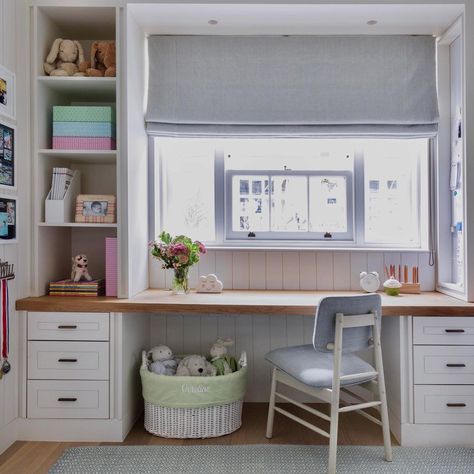 Kids Window Desk, Window Built In Desk, Built In Shelf And Desk, Desk Built In Around Window, Desks In Front Of Windows, Cupboard With Desk Built Ins, Study Desk In Front Of Window, Built In Desk Below Window, Desk Around Window