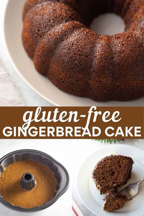 3 images of gluten-free gingerbread cake Gluten Free Bundt Cake, Gf Deserts, Gluten Free Gingerbread Cake, Meaningful Eats, Dessert Holiday, Df Recipes, Celiac Recipes, Gluten Free Cake Recipe, Gluten Free Gingerbread