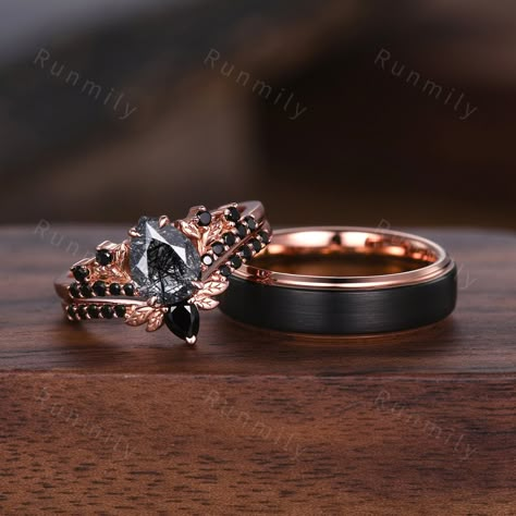 Here we have a Vintage Black Rutilated Quartz Couples Ring Rose Gold Matching Ring Set His and Hers Wedding Band Promise Ring For Men For Women Natural Gem ITEM DESCRIPTION ✦ Handmade, high-quality item! ✦ Material: Sterling Silver/Tungsten/14K Solid Gold ►Sold as a two-piece set ►His ring is Rose Gold and Black Tungsten Carbide. ►His band width: 6mm ►His tungsten ring will not turn green itself and will not cause your skin to turn green.  ✦ Durable - Incredibly Scratch-Resistant to always look Wedding Rings Multiple Bands, Black And Rose Gold Wedding Rings, Matching Ring Sets, His And Hers Wedding Rings Sets, Rose Gold And Black Wedding Ring, Viking Rings Wedding, Goth Wedding Ring Set, His And Hers Rings Wedding, Black Wedding Rings Women