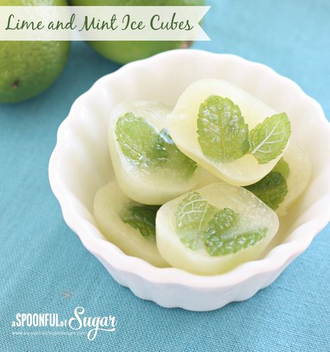 Lime and Mint Ice Cubes - A Spoonful of Sugar...in a mojito Mint Ice Cubes, Creative Ice Cubes, Ice Cube Recipe, Flavored Ice Cubes, A Spoonful Of Sugar, Winter Cooking, Ginger Water, Food Articles, Milkshakes