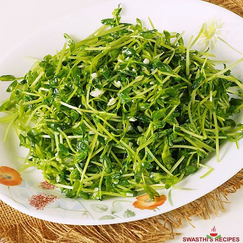 Pea Shoots Recipe - Swasthi's Recipes Indian Pea Recipes, Pea Shoots Recipe, Butterfly Pea Recipe Food, Butterfly Pea Flower Powder Recipes, Pea Shoot Salad, Pea Shoots, Fried Rice Dishes, Schezwan Sauce, Stir Fry Rice