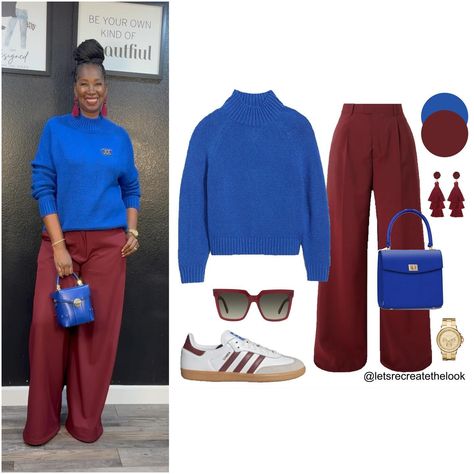 Burgundy Trousers - 10 Outfit Ideas 🐙 Here are 10 more colors that pair well with burgundy! Which is your favorite? As fall approaches it’s time to break out our sweaters. Instead of just pairing them with jeans, here’s a reminder that wide leg trousers are a more elevated option but just as comfortable! So for an elevated casual look, try pairing your sweaters with your trousers! You can still wear your sneakers with them! 😉 So save this post for style inspiration and look in your closet to... Burgundy Sneakers Outfit, Burgundy Sweater Outfit, Burgundy Pants Outfit, Pant Outfits For Women, Burgundy Trousers, Teal Outfits, Curvy Casual Outfits, Wide Leg Pants Outfit, Pants Outfit Fall