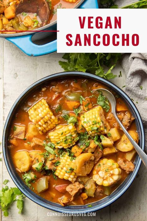 This vegan sancocho is super satisfying and full of flavor! Made with fresh corn, plantains, and sweet potatoes, it's the perfect stew for warming you up on chilly days. Vegan Sancocho, Sancocho Recipe, Vegan Stew Recipes, Vegan Seitan, Healthy Vegan Dinner Recipes, Seitan Recipes, Meat Replacement, Boricua Recipes, Vegan Stew