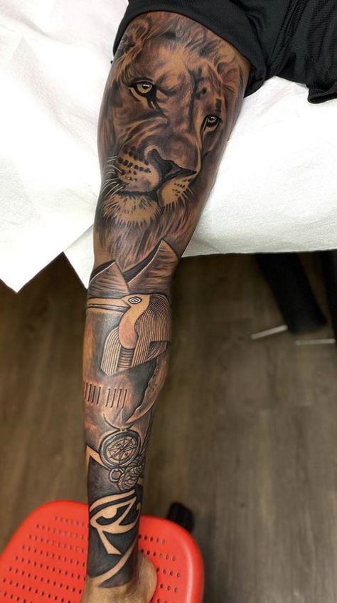 Greek Mythology Tattoos Men Leg, Tattoo Forearm Sleeve Men, Black Man Tattoo Sleeve, Leg Sleeve Tattoo Black Male, Leg Sleeve Tattoo Male For Men, Black Men Sleeve Tattoo, African Sleeve Tattoo Men, Mens Thigh Tattoos Ideas, Black Men Tattoos Sleeve