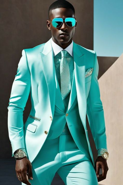 Turquoise Outfit, Turquoise Suit, Turquoise Clothes, Cyberpunk 2020, Mens Silver Jewelry, Dress Suits For Men, Suit Men, Futuristic Fashion, Google Lens