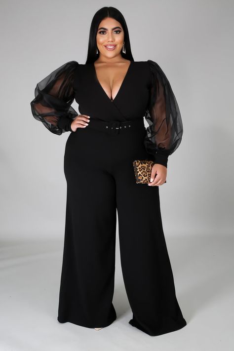 Classy Jumpsuit, Jumpsuit Fitted, Stretch Jumpsuit, Jumpsuit Long, Organza Sleeves, Black Outfits, Plus Size Jumpsuit, Jumpsuit With Sleeves, Long Jumpsuits