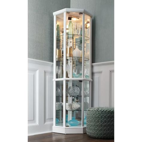 Tessa Lighted Corner Curio Cabinet | Montgomery Ward White Curio Cabinet, Corner Curio Cabinet, Glass Curio Cabinets, Corner Curio, Glass Mirrors, Country Door, Montgomery Ward, Curio Cabinet, Beach Theme