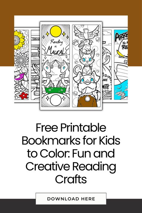 Download 8 free Printable Bookmarks for Kids to Color and make reading time fun and creative! Featuring cute animals, magical creatures, and other fun themes, these coloring bookmarks are perfect for classrooms, home use, or as a thoughtful gift. Discover more creative resources like #LeafTemplates, #HalloweenTemplates, #PumpkinTemplates, and #AdultColoringBooks for additional crafts and activities! Reading Crafts, Fun Printables For Kids, Bookmarks For Kids, Free Printable Bookmarks, Halloween Templates, Coloring Bookmarks, Printable Bookmarks, Bookmarks Kids, Fun Printables