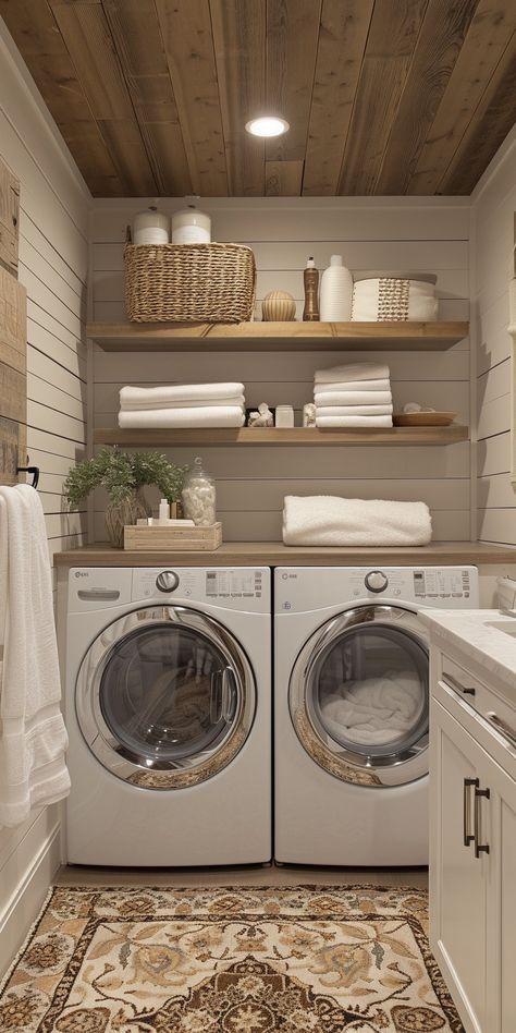 Cute Laundry Rooms Ideas, Cute House Ideas Interior, Laundry Side By Side, Zen Laundry Room, House Interior Small Space, Powder Room And Laundry Combo, Small First House Ideas, Small House Makeover Interior, Cool House Things