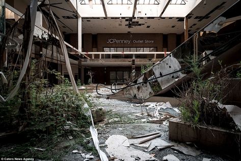 The mall's abandoned JCPenny outlet store faces the chaos and nature reclamation currently taking place at Rolling Acres Mall Abandoned Shopping Malls, Tmnt Liz, Abandon Mall, Abandoned Shop, Abandoned Store, Shopping Snap, Mystery Aesthetic, Abandoned Mall, Abandoned Malls