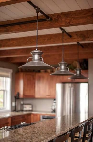 Conduit Lighting, Yankee Barn Homes, Industrial Style Pendant Lights, Rustic Kitchen Lighting, Industrial Kitchen Lighting, Rustic Kitchen Design, Kitchen Ceiling, Antique Kitchen, Rustic Kitchen Decor