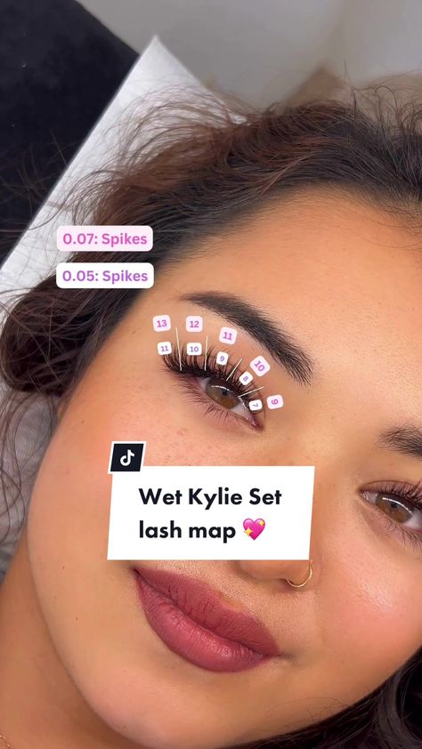 How To Do Wet Look Lashes, Kylie Lash Extensions Mapping, Kylie Set Lashes, Wet Kylie Lashes, Kylie Jenner Eyelash Extensions Map, Wet Classic Lash Extensions Map, Natural Volume Lash Extensions Mapping, Kylie Jenner Lash Map, Wet Lashes Mapping