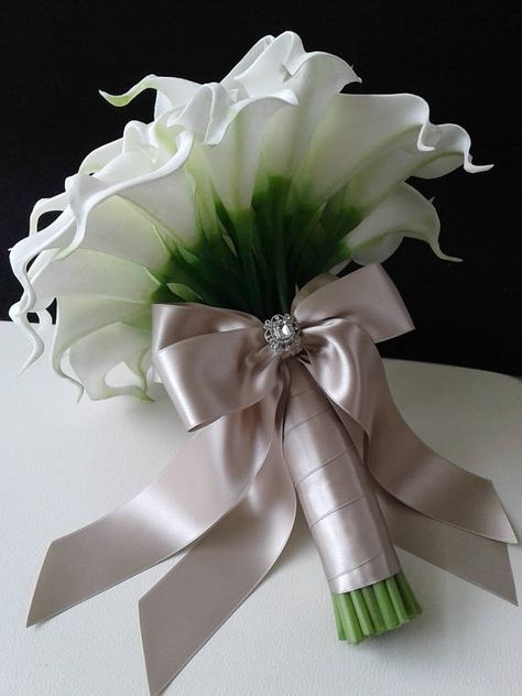 Real Touch Calla Lily Bouquet With Champagne Ribbon-Calla Lily Couple Chic, Calla Lily Bridal Bouquet, Classic Wedding Bouquet, Lily Bridal Bouquet, Silk Flower Wedding Bouquet, Calla Lily Bouquet Wedding, Calla Lily Bridal, Mini Calla Lilies, Calla Lily Wedding