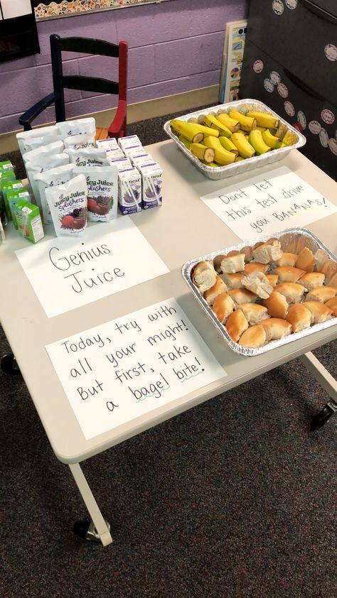 State testing week in third grade... Starting their first morning off right with some brain boosting snacks! Test Day Breakfast For Students, Map Testing Treats, State Testing Breakfast Ideas, Test Snacks For Students, Standardized Testing Treats, Eqao Grade 3 Prep, Testing Snacks For Students, State Testing Motivation, Test Motivation