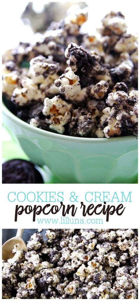 Cookies and Cream Popcorn is a delicious sweet and salty treat of popcorn coated in white chocolate and Oreos. #Cookiesandcreampopcorn #popcorn #oreopopcorn #cookiesandcream #popcornrecipe Oreo Popcorn Balls, Hulless Popcorn White Chocolate, Cookies And Cream Popcorn, Black And White Desserts, Onion Chicken Casserole, French Onion Chicken Casserole, Oreo Popcorn, Breakfast Videos, Popcorn Flavors