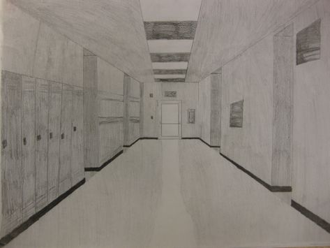 Christopher Rust - Freshman - Hallway Perspective Drawing - 2012-2013 - Introduction to Two-Dimensional Art One Point Perspective Drawing Hallway, School Hallway Drawing, Hallway Sketch, Hallway Perspective, Linear Perspective Drawing, School Corridor, Landscape Architecture Presentation, Wall Drawing Ideas, Dimensional Drawing