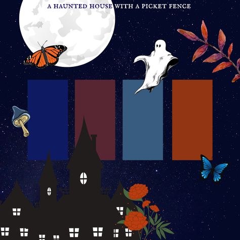 Phoebe Bridgers color palette, a haunted house with a picket fence, witchy dark cozy aesthetic Phoebe Poster, Dark Cozy Aesthetic, Halloween Color Palette, 2023 Planner, Halloween Color, A Haunted House, Poster Fonts, Palette Ideas, Gothic Revival