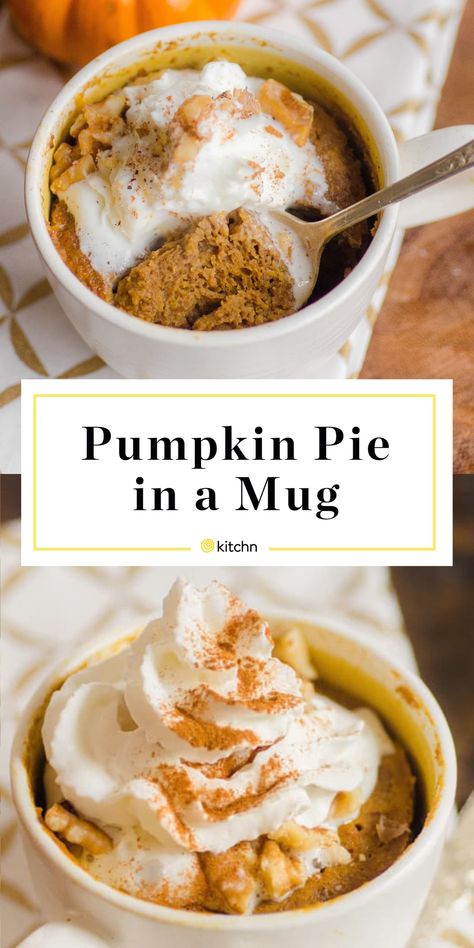 Pumpkin Pie in a Mug | Kitchn Microwave Treats, Bachelor Recipes, Pie In A Mug, Microwave Mug Cakes, Microwave Cheesecake, Gf Deserts, Microwave Desserts, Mug Dessert Recipes, Microwave Mug Recipes