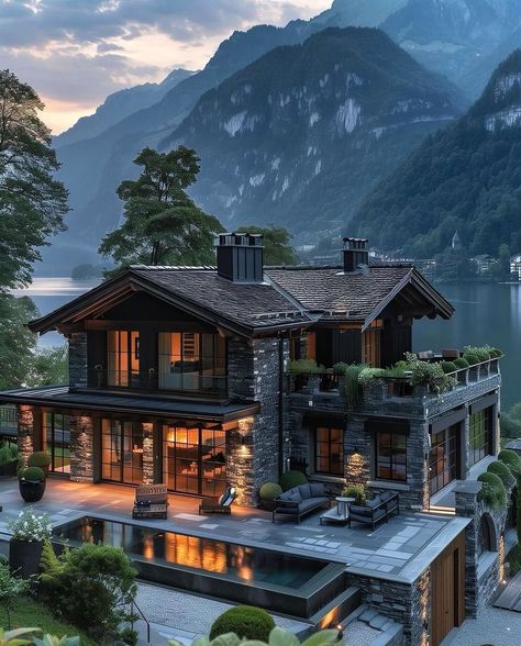 Dream Mansion, Pool In The Mountains, House In Switzerland, Switzerland House, House With Swimming Pool, House In The Mountains, Ad Architectural Digest, Cabin Aesthetic, Lakefront Living