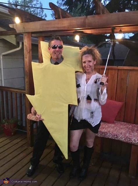 Lightning Halloween Costume, Struck By Lightning Costume, Lightning Bolt Costume, Lightning Costume, Punny Halloween Costumes, Mom Instagram, Halloween Themed Food, Struck By Lightning, Couple Costume