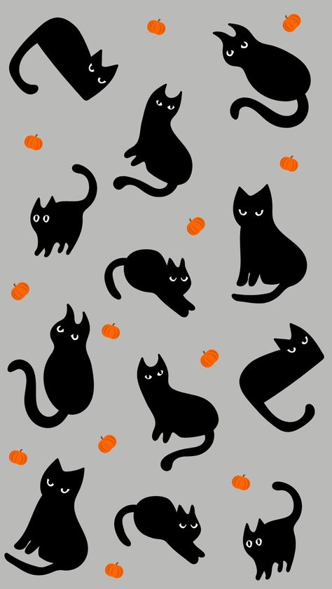 Black cats on grey background with cute pumpkins. Perfect for a Halloween wallpaper background. Halloween Black Cat Wallpaper, Cat Fall Wallpaper, Black Cat Halloween Wallpaper, Cat Halloween Wallpaper, What Wallpaper, Misfits Tattoo, Mandala Journal, Free Halloween Wallpaper, Simplistic Wallpaper