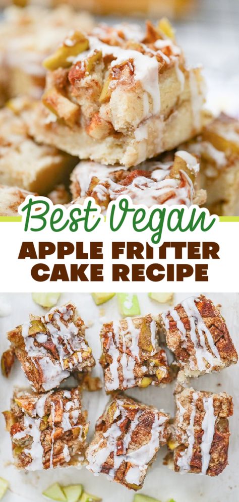 This amazing Vegan Apple Fritter Cake has the perfect amount of sweetness featuring soft and tender chunks of apples and generous swirls of cinnamon & brown sugar mixed throughout with a simple vanilla glaze drizzled on top.  Serve it as a delicious breakfast, snack or dessert. Perfect for fall season baking.