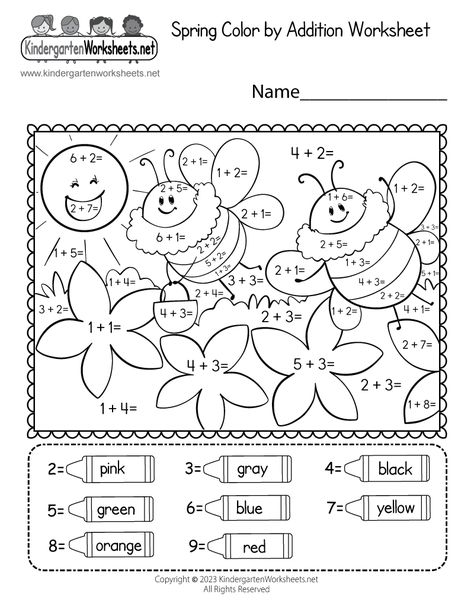 Easily print a free Spring Color by Addition Worksheet directly from your web browser. Your kids can start using this kindergarten spring worksheet right away. Color By Addition, Spring Math Worksheets, Color Activities For Toddlers, Bee Template, Spring Worksheet, Creative Worksheets, Math Coloring Worksheets, Template Free Printable, Kindergarten Addition Worksheets