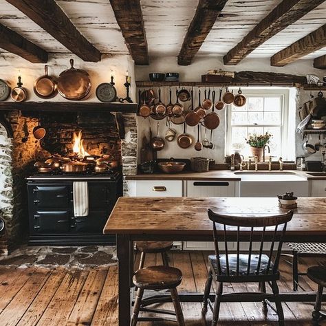 Outlander Inspired Kitchen, Outlander House Aesthetic, Scottish Cottage Interior Kitchen, Log Cabin Kitchen Aesthetic, Medieval Style Kitchen, Outlander Big House Interior, Hearth Kitchen, Kitchen Fireplaces, Small Kitchen Diner