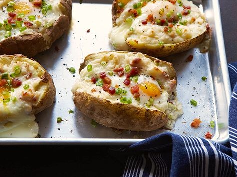 Carbonara Stuffed Potatoes with Crispy Pancetta Recipe : Food Network Kitchens : Food Network - FoodNetwork.com Pancetta Recipes, Crispy Pancetta, Stuffed Potatoes, Keto Coffee, Parmesan Potatoes, Twice Baked Potatoes, Coffee Recipe, Gluten Free Cheese, Baked Potatoes