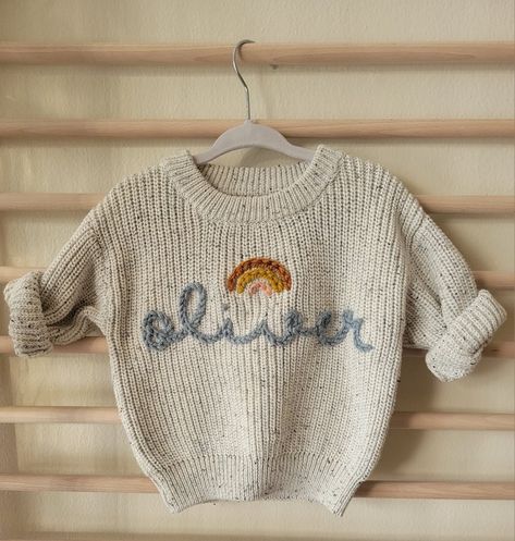 Baby Name Embroidery Sweater, Boys Embroidered Sweater, Embroidery Sweater Ideas, Baby Boy Embroidery Ideas, Embroidery For Baby Boy, Boy Embroidery Ideas, Baby Sweater Embroidery, Embroidery Kids Clothes, Sweater Embroidery Ideas