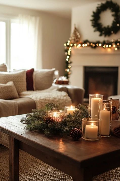 Living Room Candles Decoration, Neutral Christmas Decor Apartment, Christmas Decor Inspiration Living Room, Cute Christmas Living Room Ideas, Modern Christmas Living Room Decor, Christmas Lights Indoor Living Rooms, Christmas Studio Apartment Decor, Cozy Xmas Aesthetic, White Couch Christmas Decor