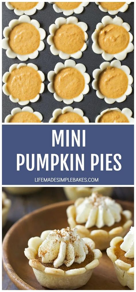 These easy mini pumpkin pies are the perfect, bite-sized treats for any fall party or occasion! #minipumpkinpies #pumpkinpies #pumpkinpie #minipies #easypierecipe Bite Size Pies, Mini Pumpkin Pies Recipe, Mini Pumpkin Cheesecake, Mini Pumpkin Pies, Pie Bites, Easy Pie Recipes, Pumpkin Pies, Pies Maker, Pumpkin Pie Recipes