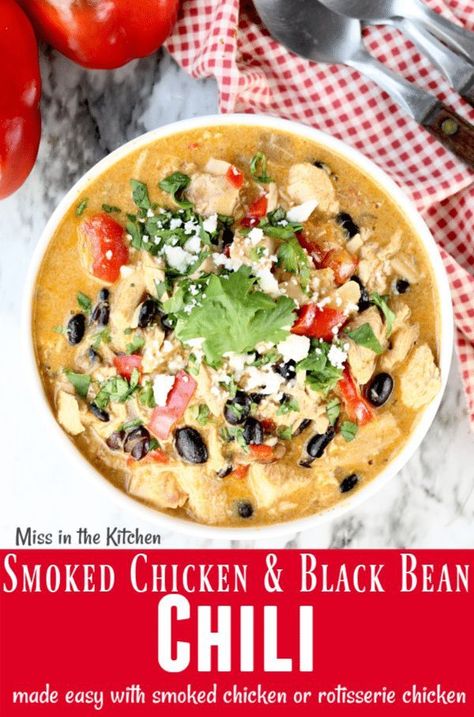 Smoked Chicken and Black Bean Chili is full of delicious flavors. Black Bean Chicken Chili, Smoked Chicken Recipes, Black Bean Chili, Bean Chili, Chicken Chili Recipe, Chilli Chicken, Hearty Dinner, Smoked Chicken, No Bean Chili