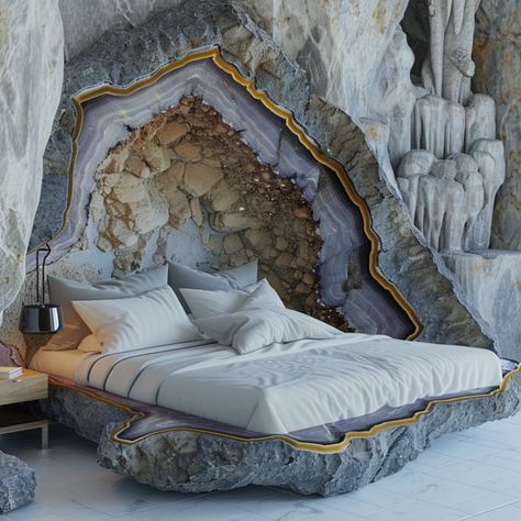 Imagine a bedroom transformed into a serene sanctuary, where the focal point is a bed reminiscent of a geode. The headboard, crafted from smooth, polished amethyst, shimmers with hues of lavender, deep purple, and hints of crystalline whites. The bedframe itself mirrors the rugged yet elegant exterior of a geode, with textured layers of wood and stone, intricately carved to emulate the natural formation of crystals. Soft, iridescent bedding in shades of mauve and silver complements the geode-... Iridescent Bedding, House Entrance Exterior, Exterior Steps, Oyster Bed, Shades Of Mauve, Zen Living, Conversation Pit, Sunken Living Room, Textured Layers