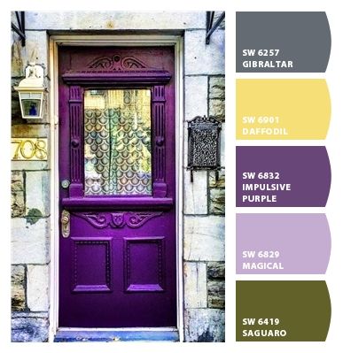 Paint colors from ColorSnap by Sherwin-Williams Purple Front Door, Purple Front Doors, Purple Door, Exterior Paint Colors For House, Purple Paint, Yellow Houses, Purple Home, Casa Exterior, Front Door Colors