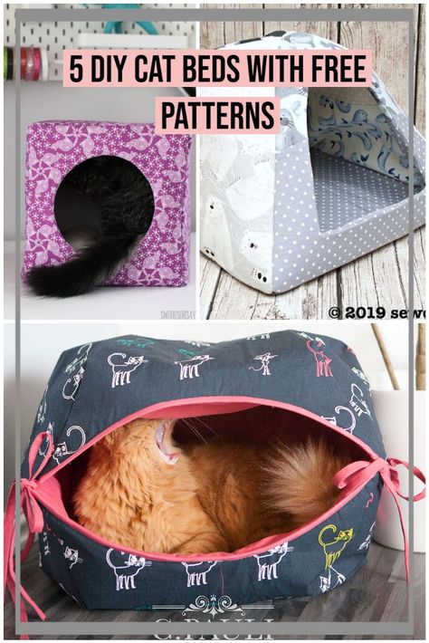 Diy Cat Sewing Projects, Cat Cave Sewing Pattern, Cat House Sewing Pattern, Free Cat Toy Sewing Patterns, Sewn Cat Bed, Sew A Cat Bed, Diy Cat Cave Bed, Quilted Cat Bed, Cat Bed Ideas Diy Projects