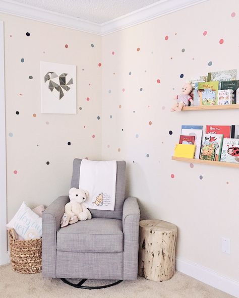 Kids Playroom Wall Paint Ideas, Polka Dot Accent Wall, Hand Painted Polka Dot Wall, Polka Dot Walls Nursery, Nursery Ideas Polka Dots, Pink Polkadot Nursery, Polka Dot Wallpaper Nursery, Playroom Paint, Nursery Wall Painting